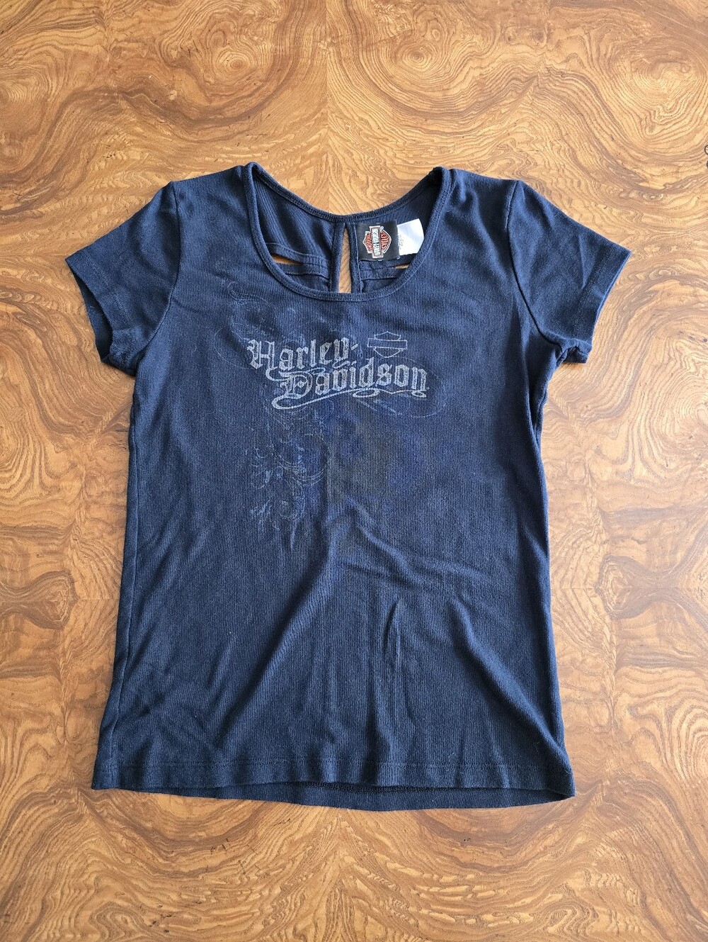 Harley-Davidson Babydoll Tee Womens Size L Black Cutout Back Stillwater, OK Y2K
